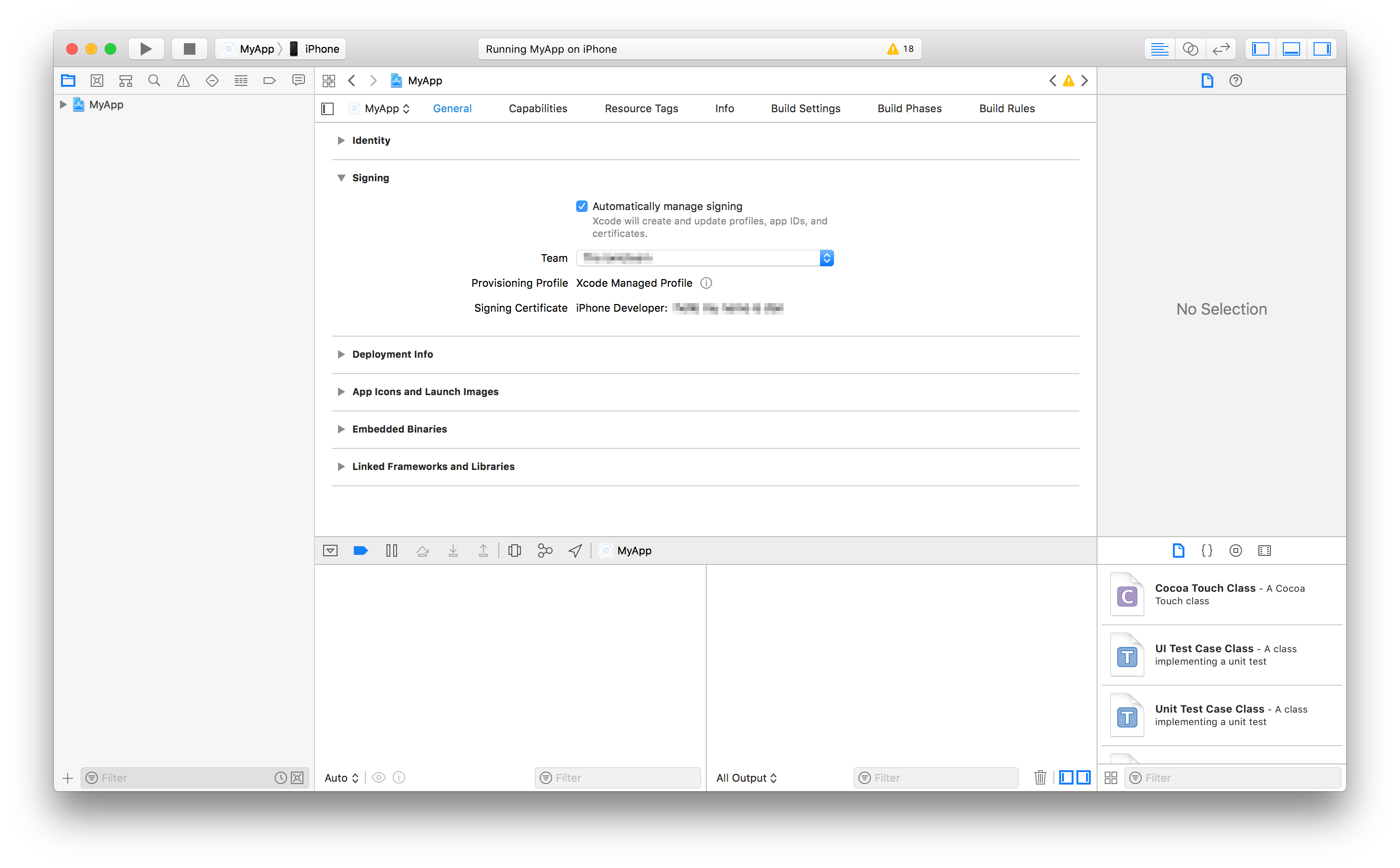 Xcode showing the Signing section with 'Automatically manage signing' enabled and a Development Team selected.